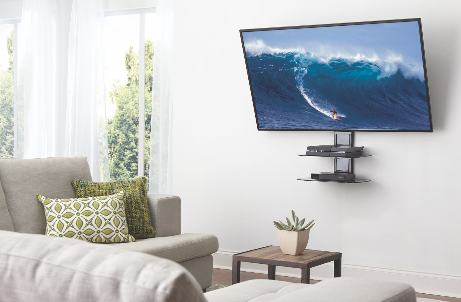 mounted tv with on wall shelf